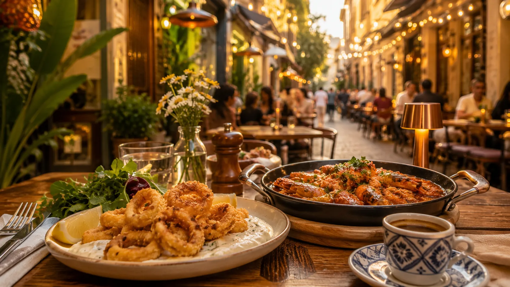 A table of food in the open-air Benden Karakoy street setting
